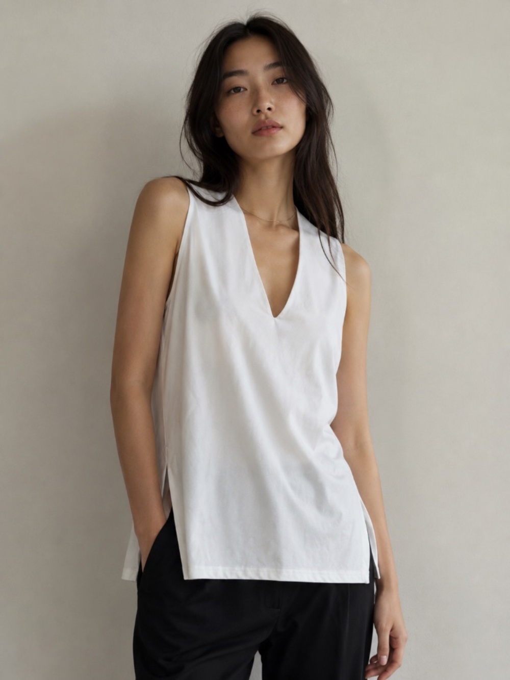 Sympli tank top/tunic 14 white V neck lined stretch office capsule coastal